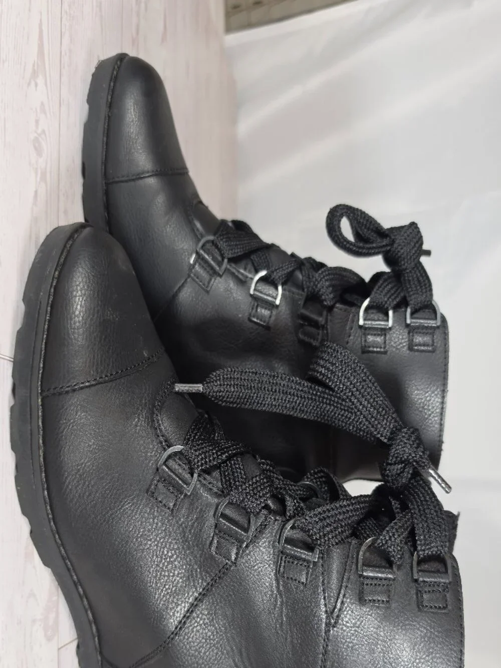 Universal Thread Black Ankle Boots Size 6.5 Lace Up Buckle Faux Leather Wedge